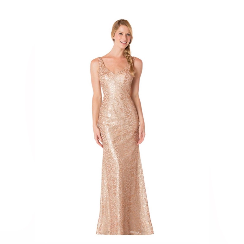 Bari Jay Floral Sequin Gold Gown Mermaid skirt Low back NWT